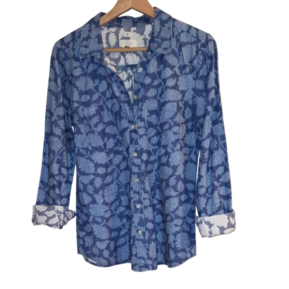 LOFT Women's Floral Blue Button Down Shirt